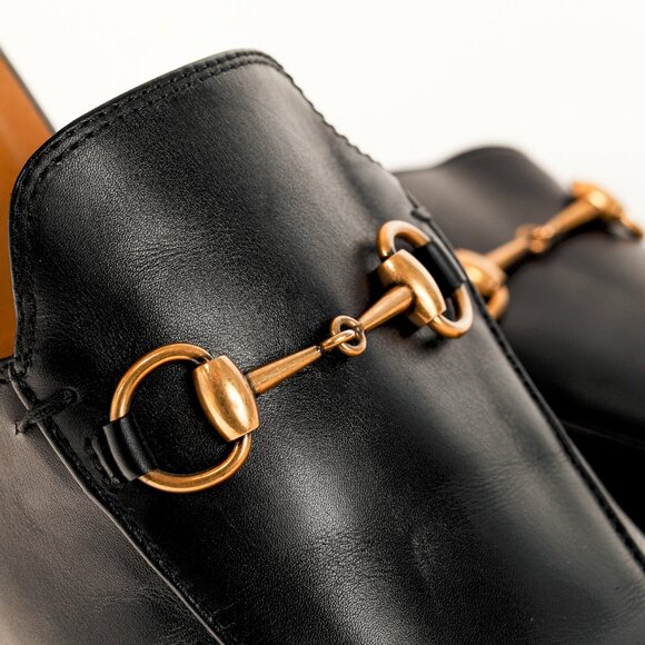 Gucci Princetown Gold Horsebit Black Leather Slipper Mule - Picture 7 of 10